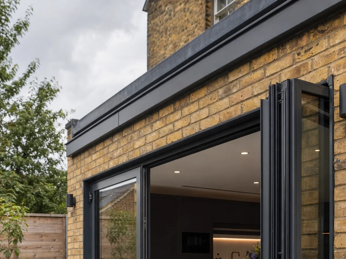 Anthracite aluminium bi-fold door detail on a brick rear extension