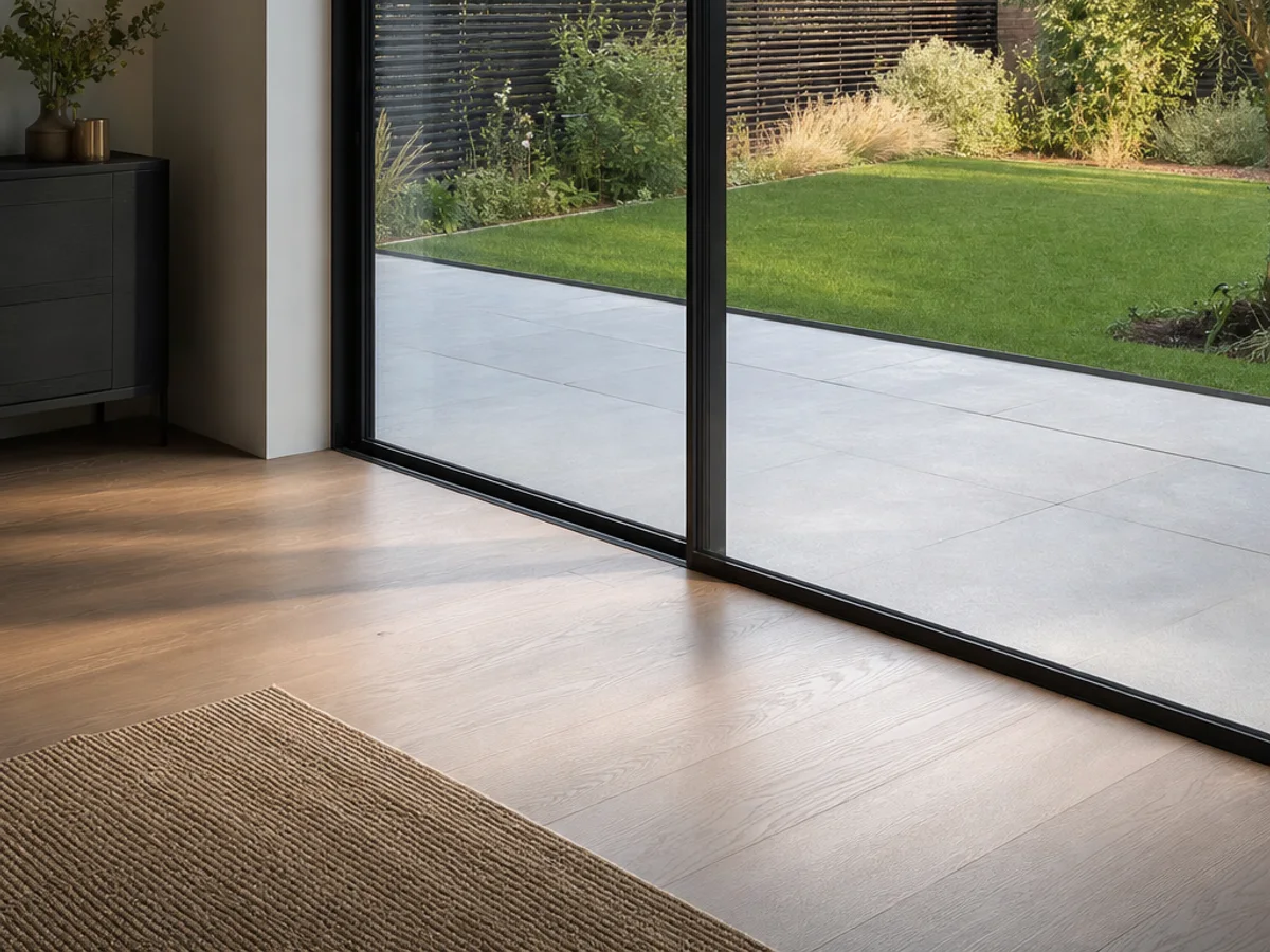 Anthracite aluminium sliding patio doors viewed from inside a living space