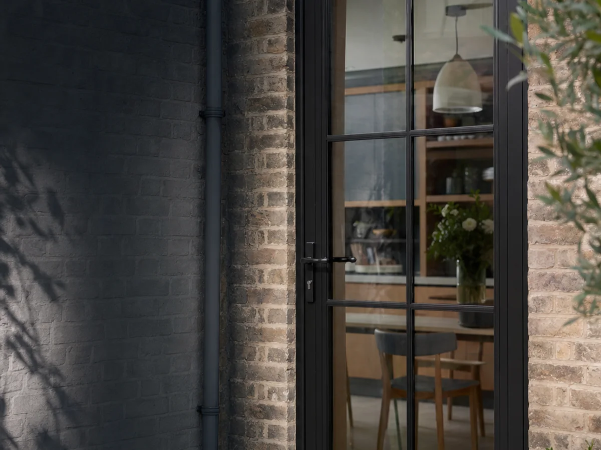 Black steel-look heritage aluminium door in a brick opening