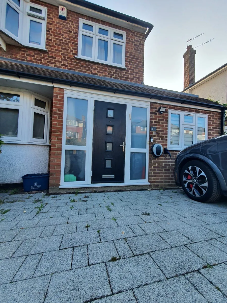 Black Composite Doors, wide view before replacement in Chigwell by Cii Double Glazing