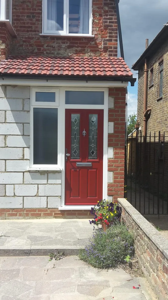 Red Composite Doors, wide view installed in Chigwell by Cii Double Glazing